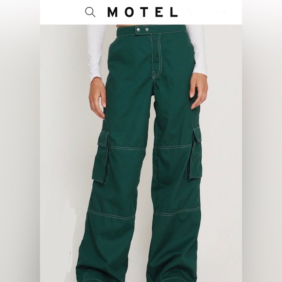 motel Pants - Saul Wide Leg Cargo Trouser In Bottle Green With White Stitching SOLD OUT ONLINE